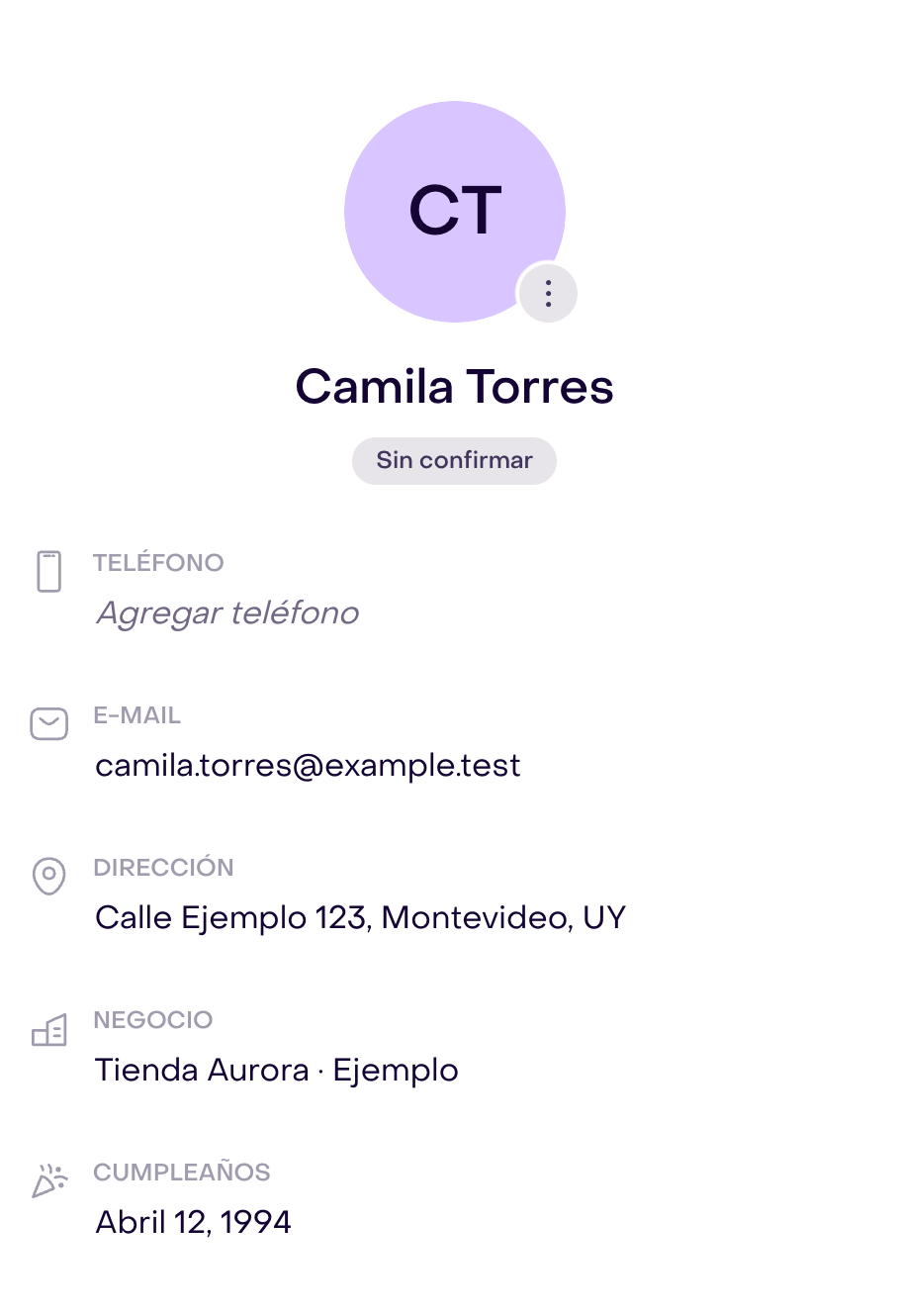 Campos y estado Sin confirmar de un perfil ficticio