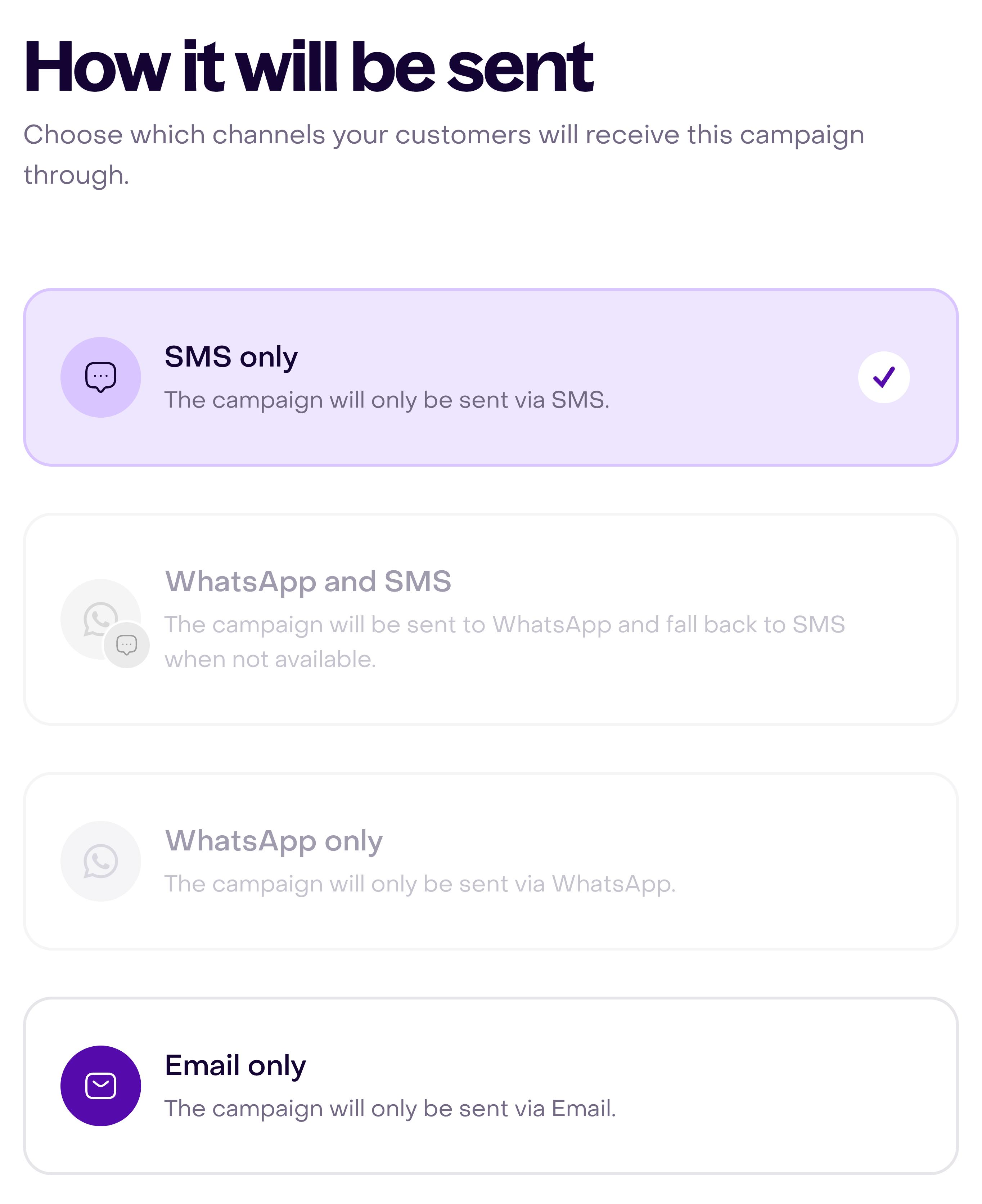 Campaign delivery options with SMS selected and WhatsApp options unavailable.