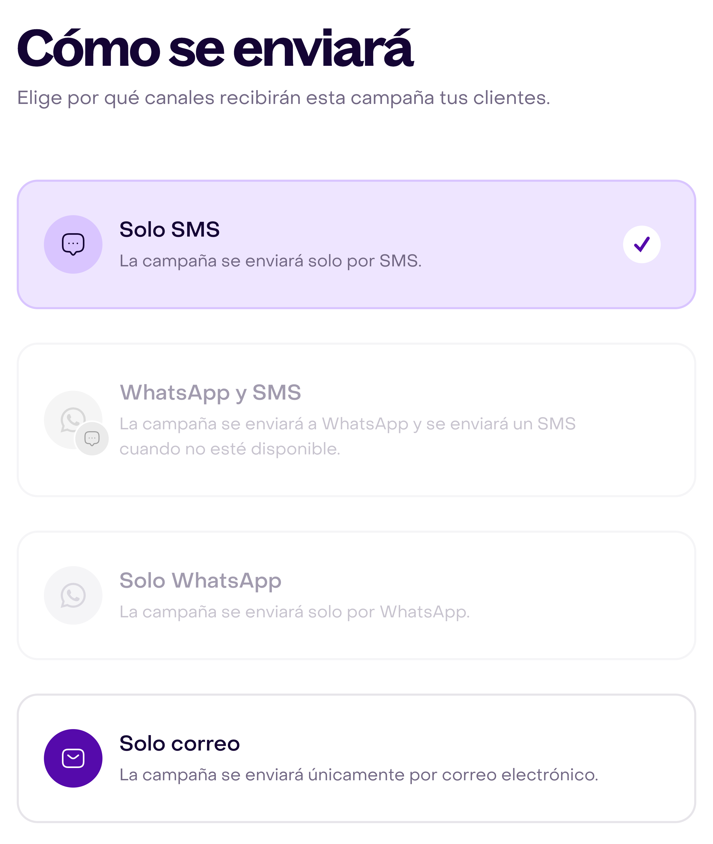 Opciones de envío de una campaña, con Solo SMS seleccionado y las opciones de WhatsApp deshabilitadas.