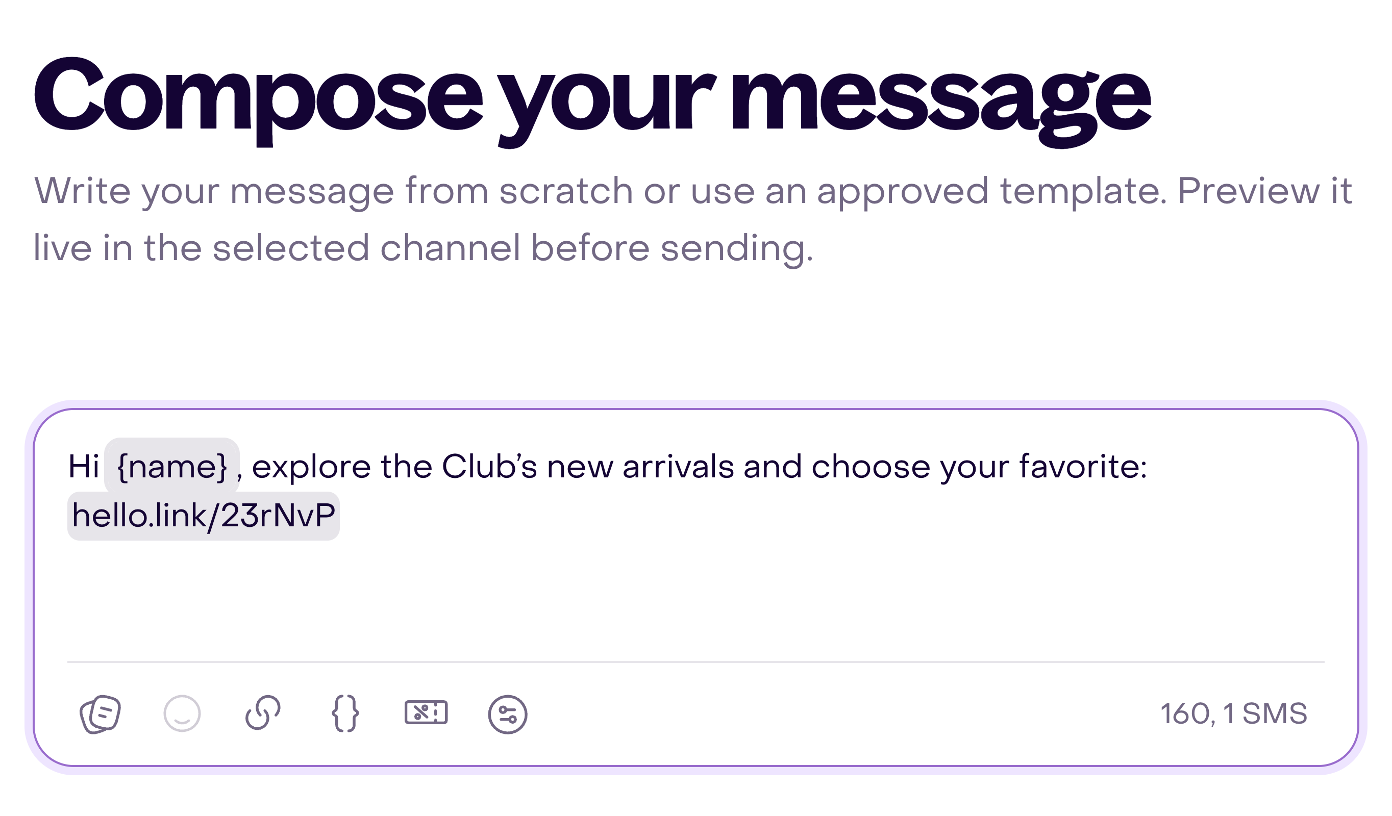 SMS editor for a fictional campaign with the name tag, a tracked link and composition tools.