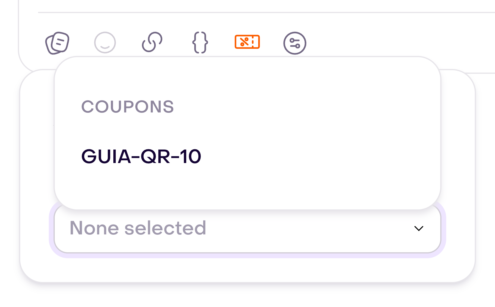 Coupon tool with the fictional GUIA-QR-10 coupon available and no coupon selected.