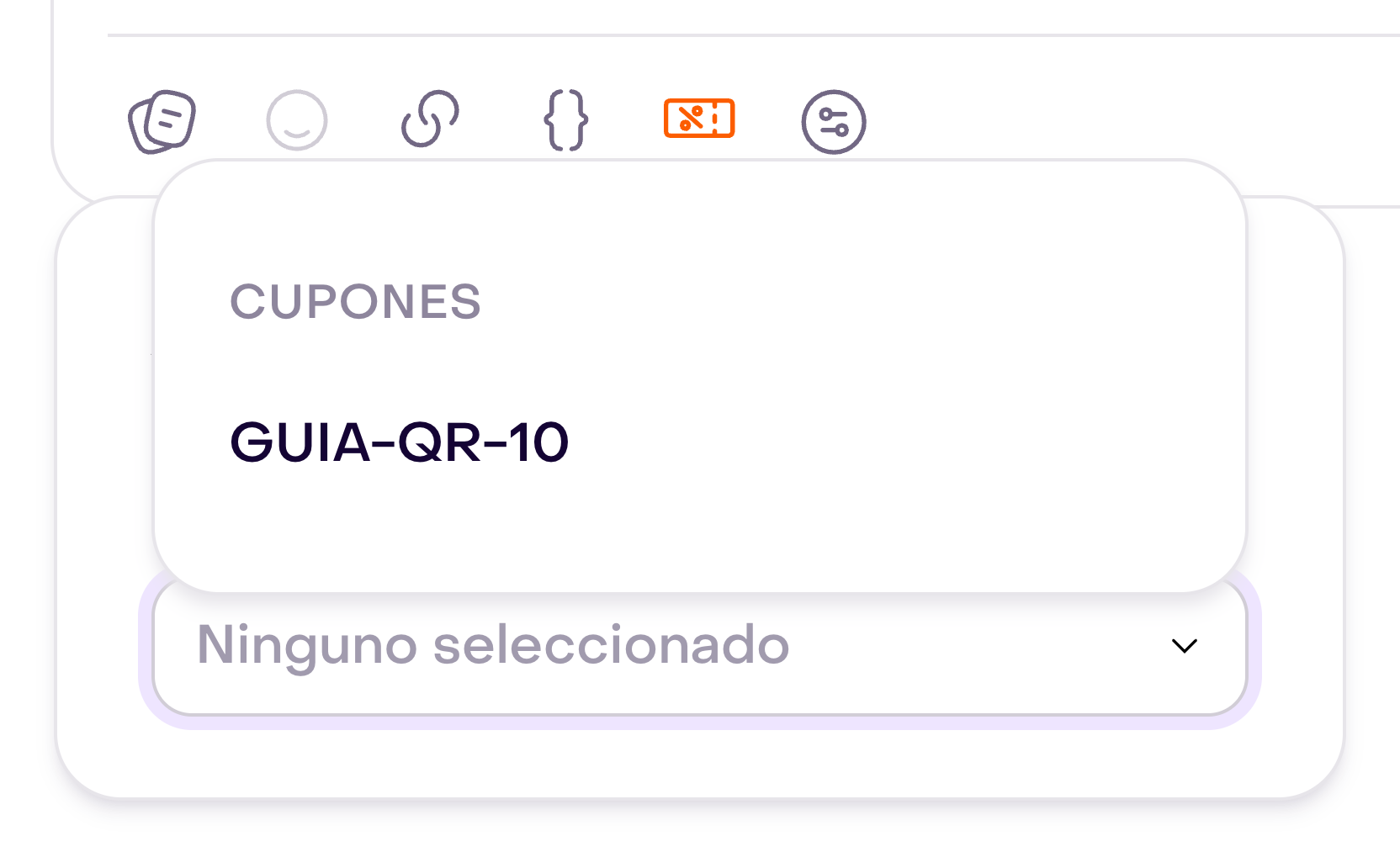 Herramienta Cupones con el cupón ficticio GUIA-QR-10 disponible y Ninguno seleccionado.