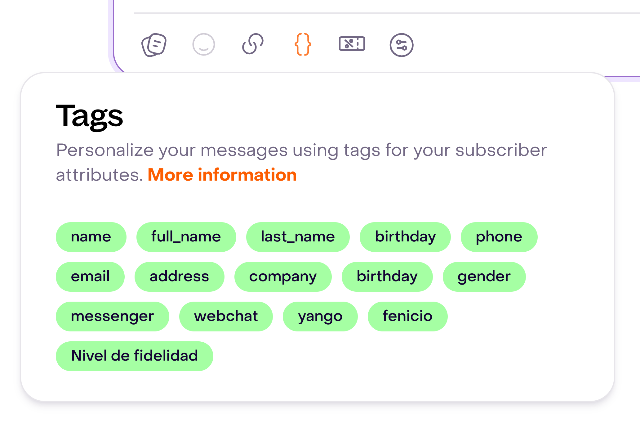Tags menu with properties such as name, full_name and email, plus a fictional custom property.
