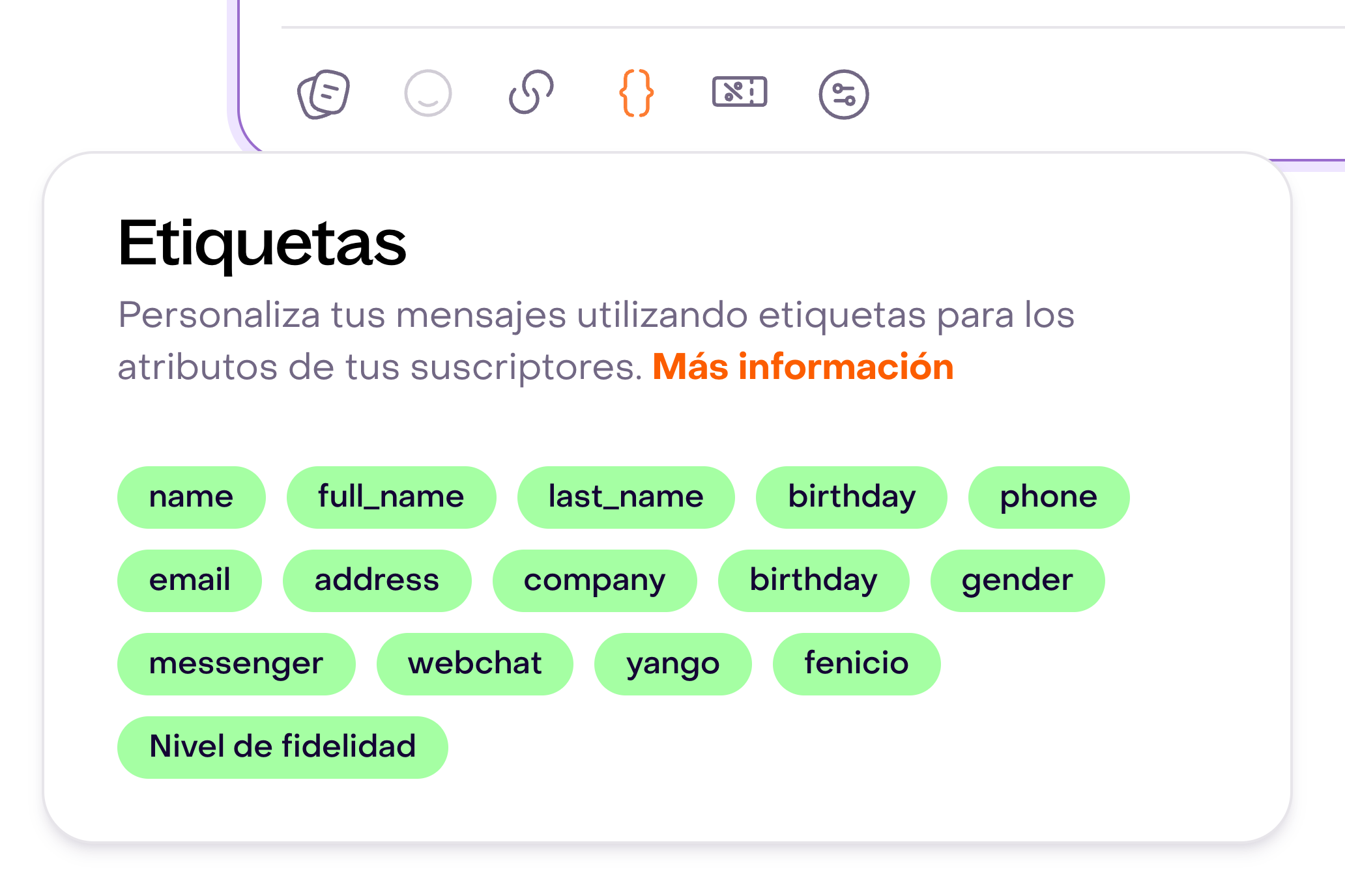 Menú Etiquetas del editor con propiedades como name, full_name, email y una propiedad personalizada ficticia.