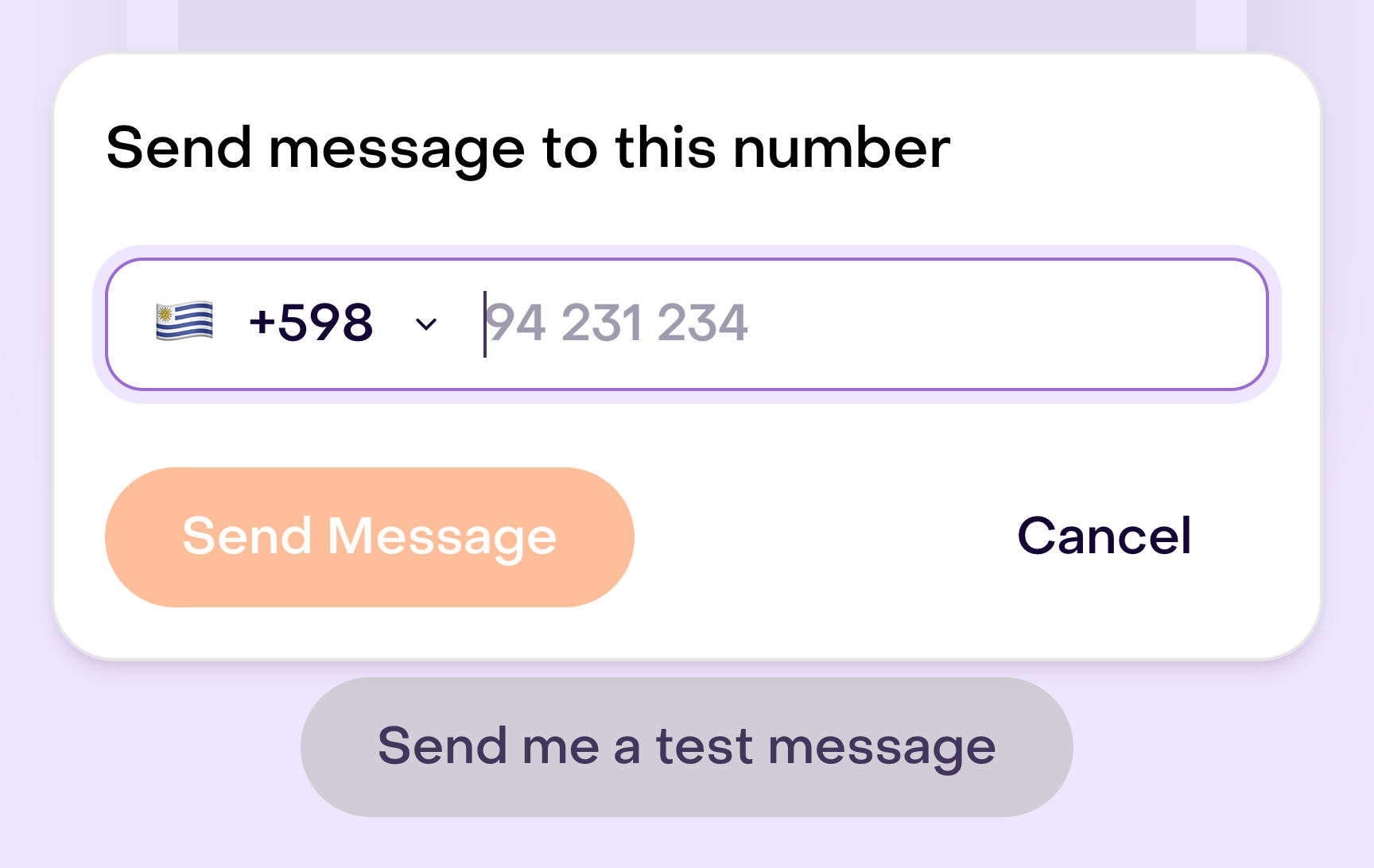 Send message to this number form with a country selector, empty phone field and disabled send control.