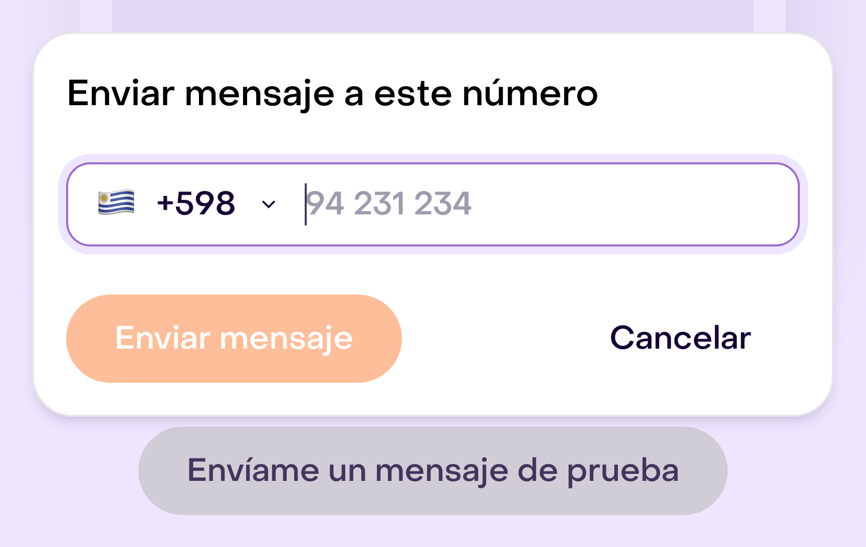 Formulario Enviar mensaje a este número, con selector de país, campo de teléfono vacío y envío deshabilitado.