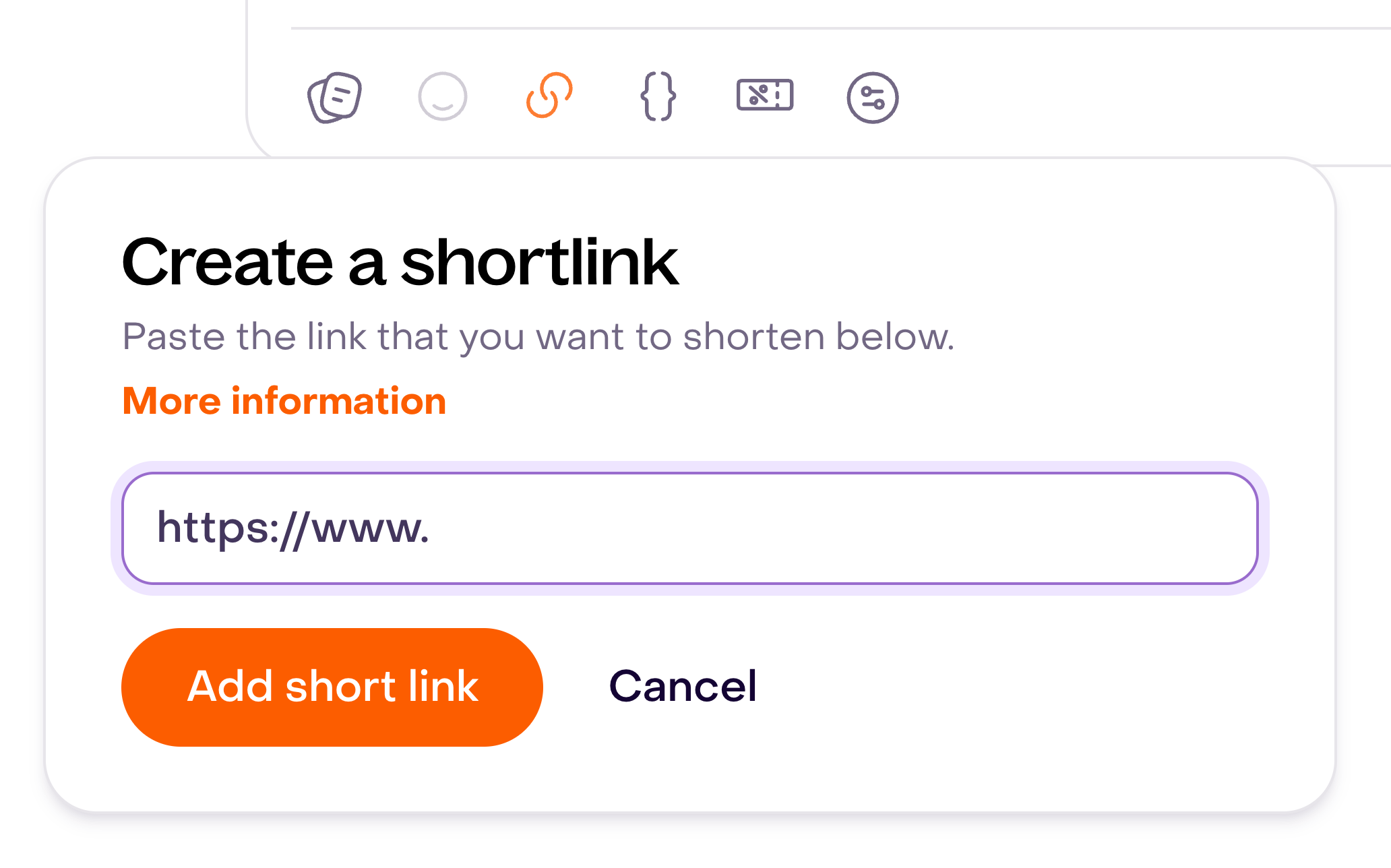 Create a shortlink tool with the URL field and Add short link and Cancel controls.