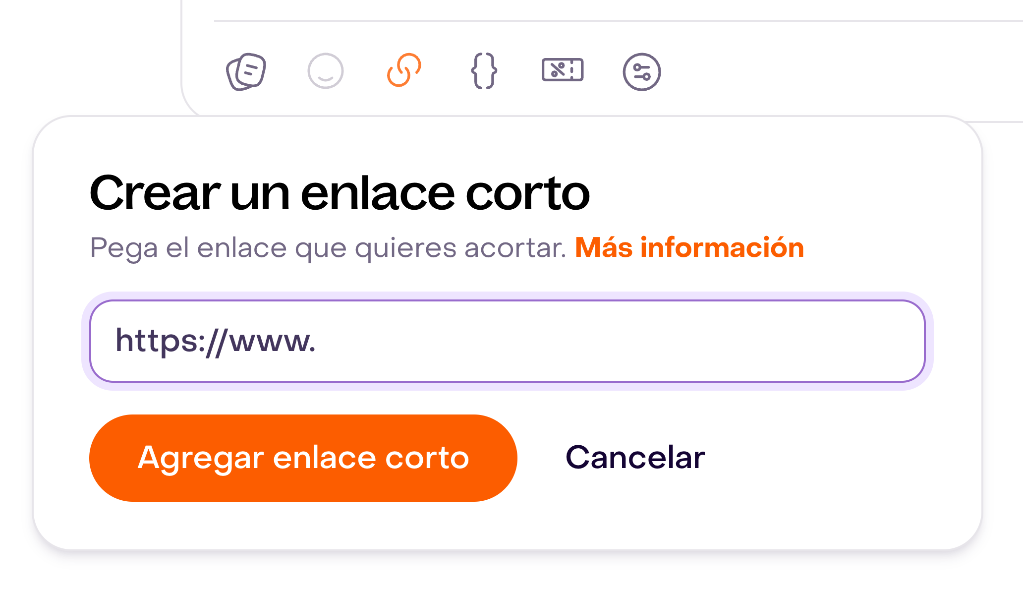 Herramienta Crear un enlace corto, con el campo de URL y los botones Agregar enlace corto y Cancelar.