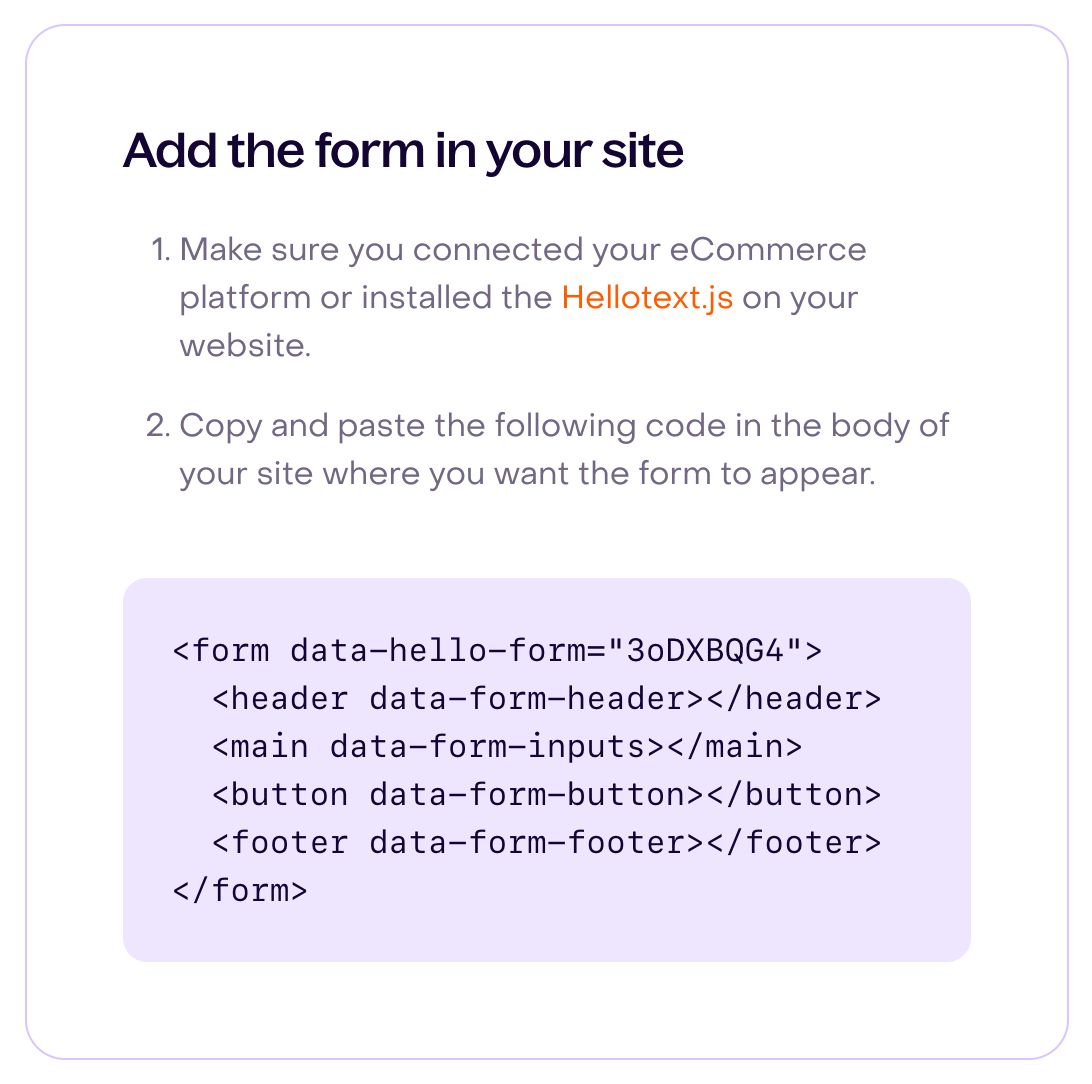 Embed card showing the generated HTML for a fictional form.