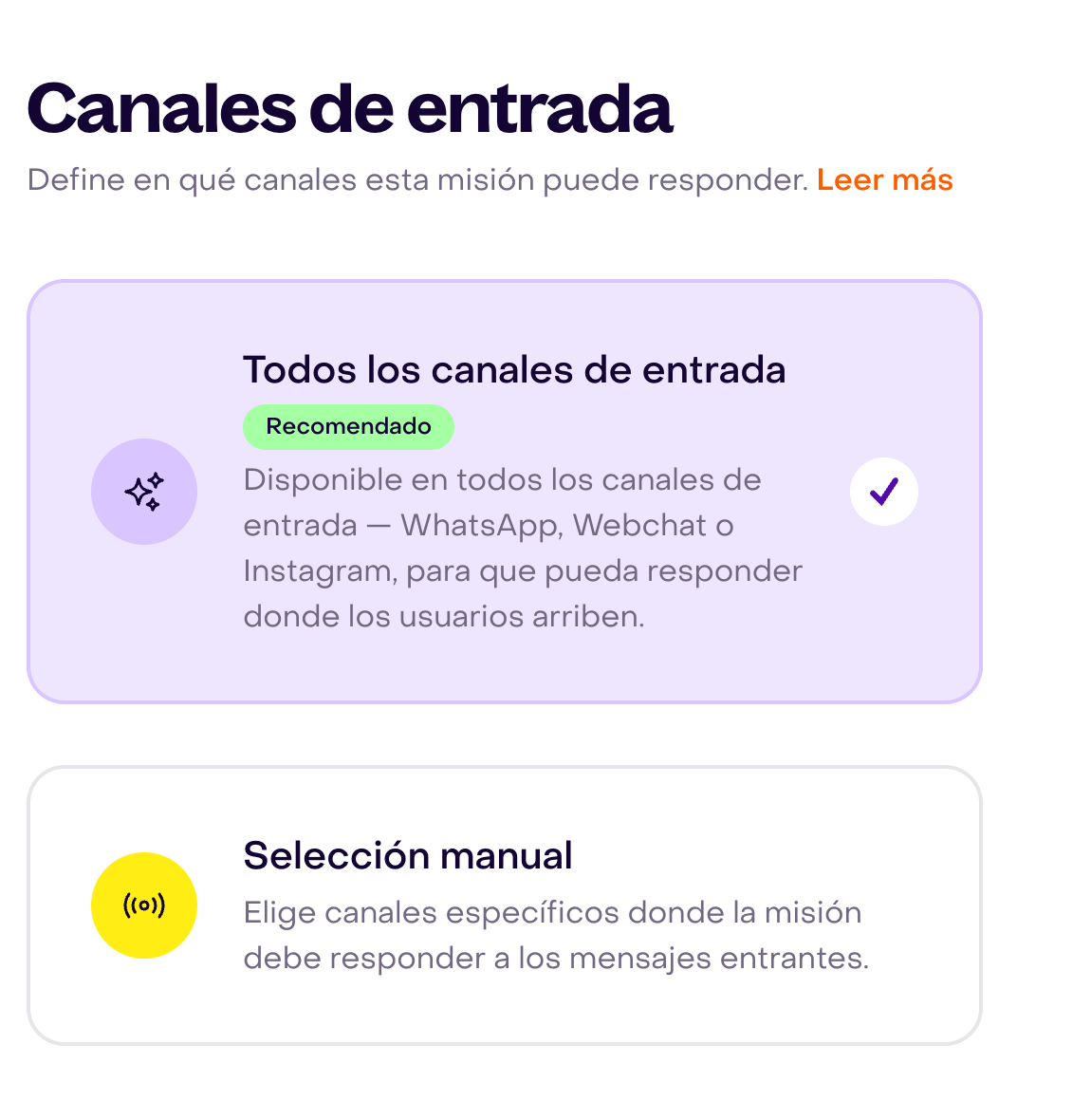 Control de canales entrantes con todos los canales seleccionados y opción de selección manual.