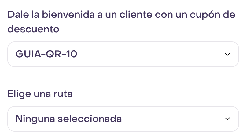 Selectores de cupón y ruta, con GUIA-QR-10 seleccionado de forma transitoria.