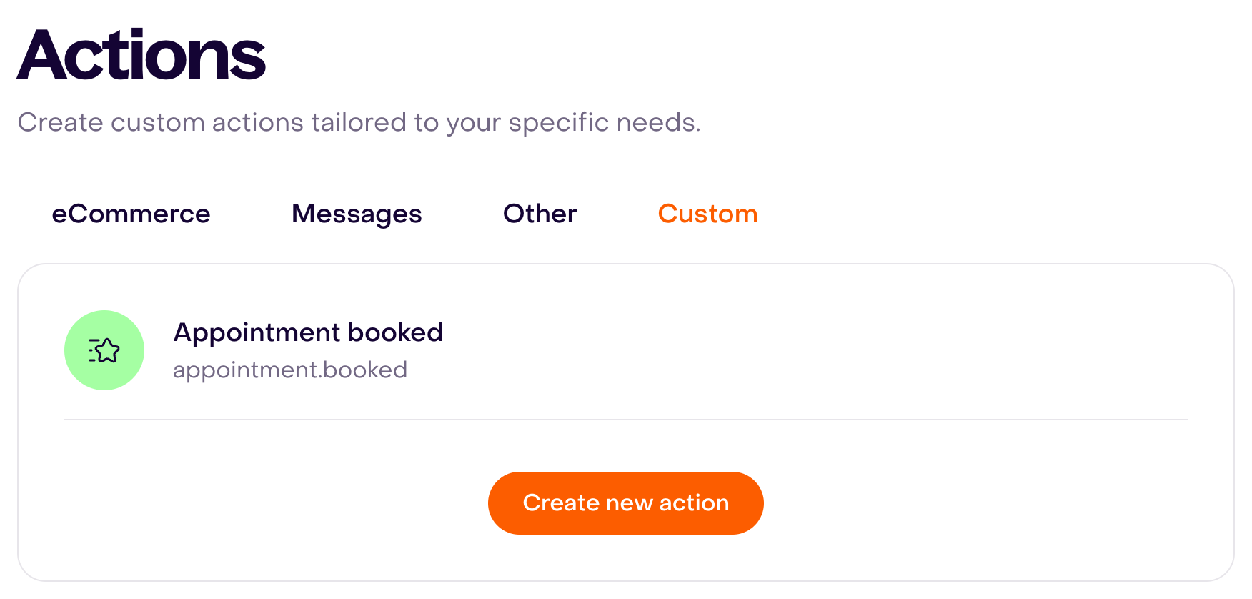 Fictional Appointment booked action with tracking name appointment.booked in the Actions Custom tab, beside Create new action.
