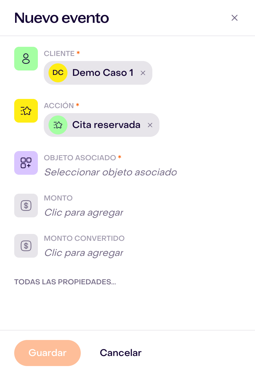 Nuevo evento sin guardar para Demo Caso 1, Cita reservada, objeto asociado vacío y Guardar deshabilitado.