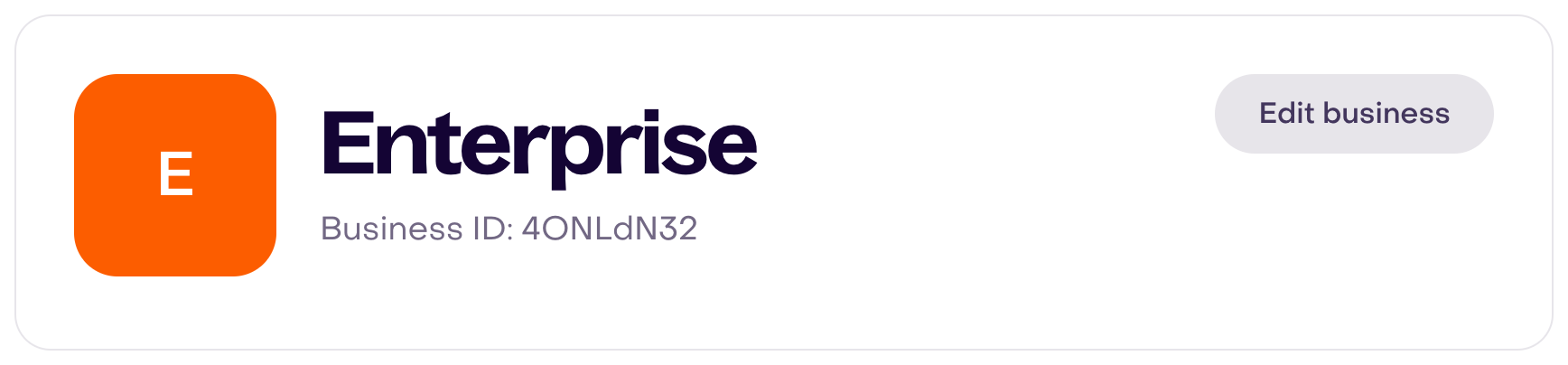 Fictional business named Enterprise with Business ID 4ONLdN32 and the Edit business control.