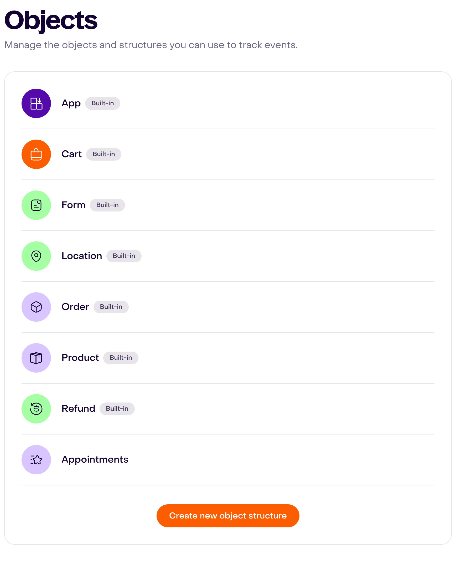 Objects catalog with seven built-in structures, Appointments, and Create new object structure.