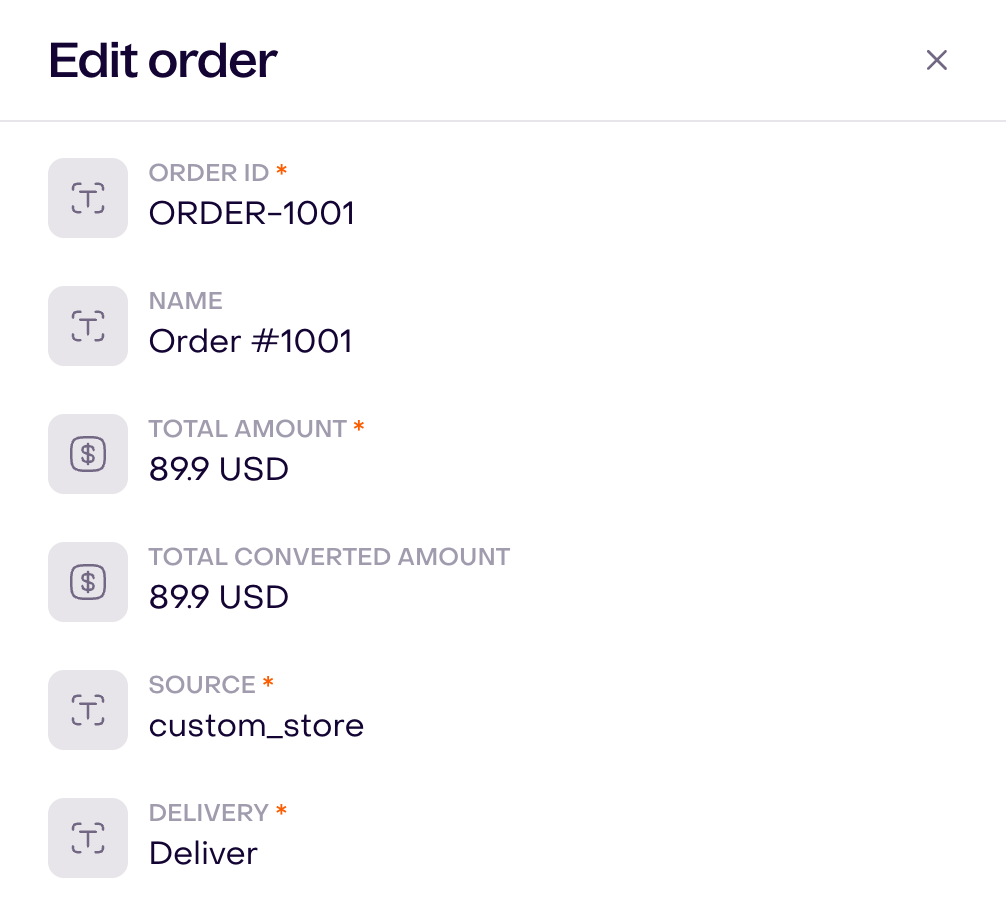 Real fictional order editor with reference ORDER-1001, amount USD 89.90, source custom_store and delivery type Deliver.