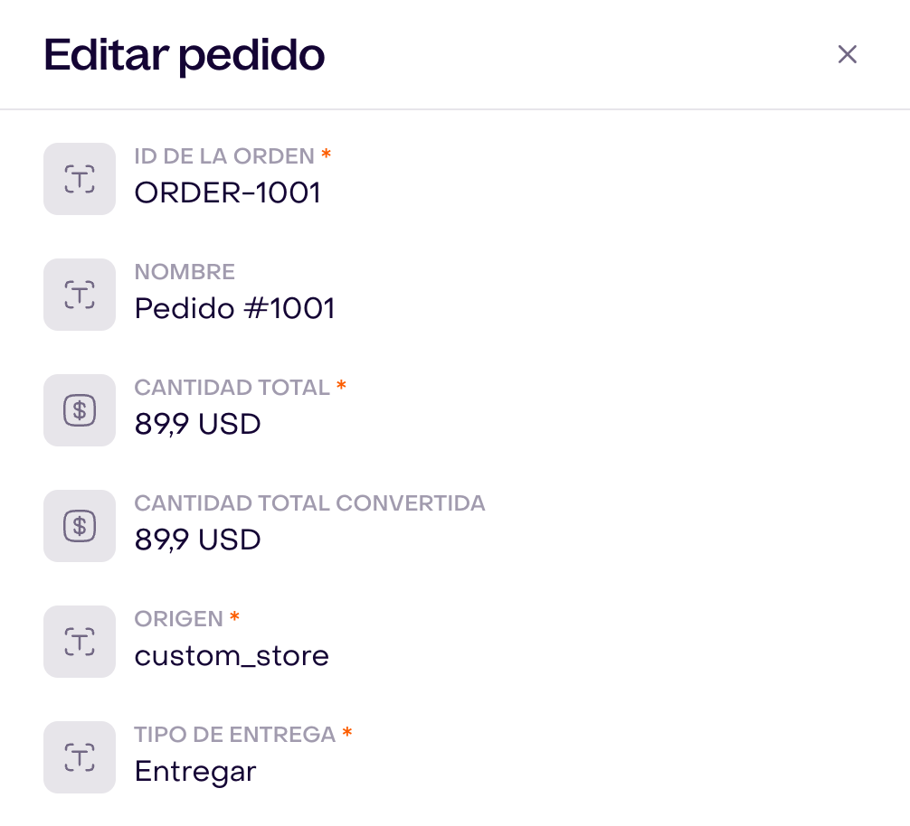 Datos del pedido ficticio ORDER-1001, custom_store, USD 89.90 y Entregar; borrador sin eventos.