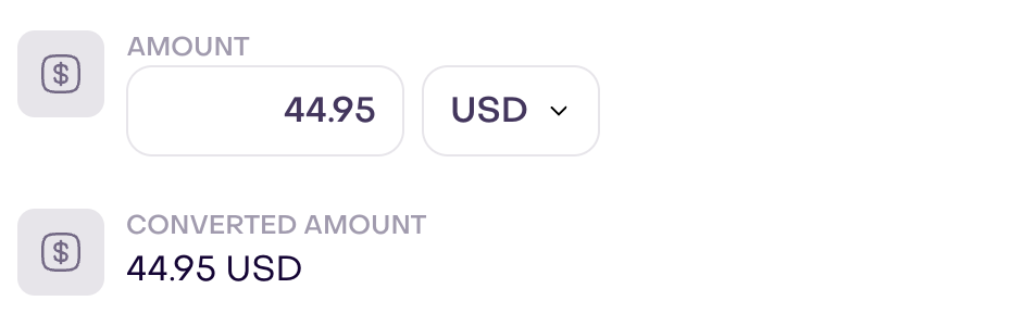 Actual USD 44.95 amount control and USD 44.95 converted amount for a fictional product.