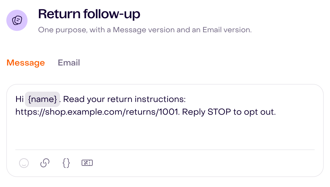 Actual Message editor with a complete SMS draft, name property, URL, and opt-out instruction.