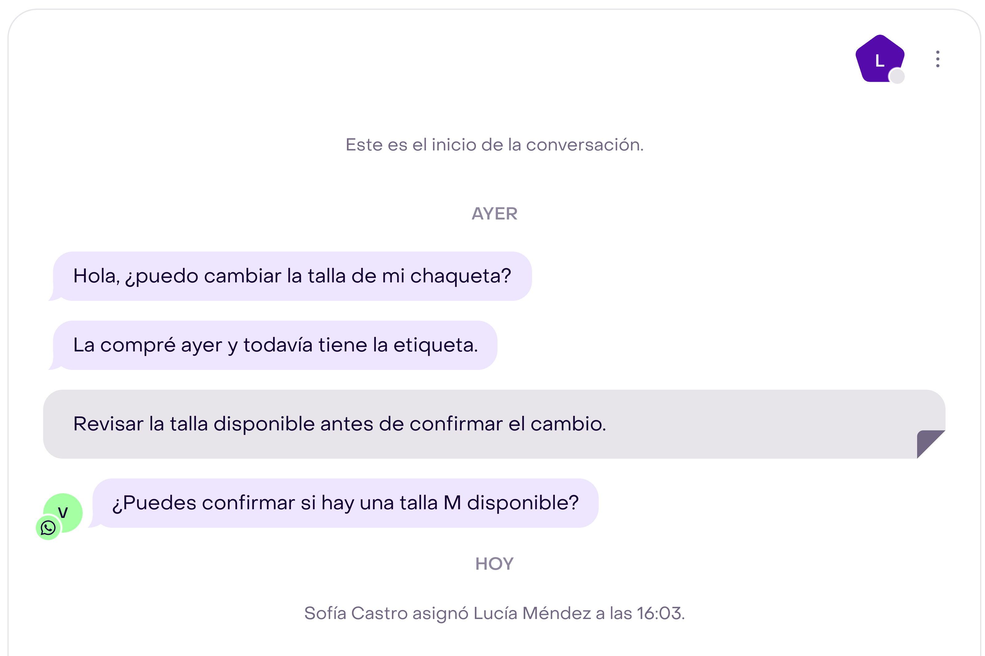 Conversación del Inbox después de una asignación manual, con el responsable y el registro de asignación visibles.