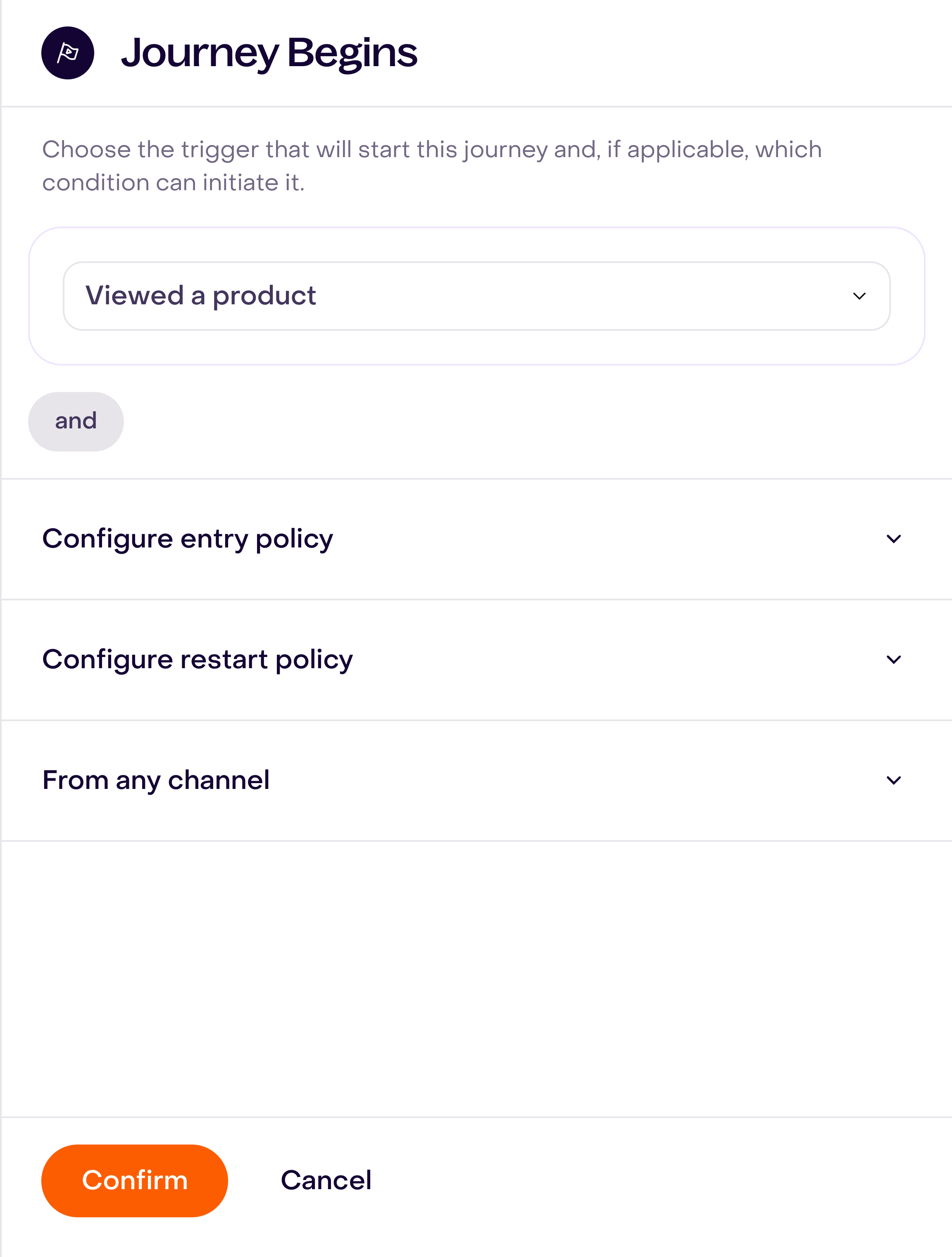 Journey Begins panel with Viewed a product selected and the Confirm and Cancel buttons.