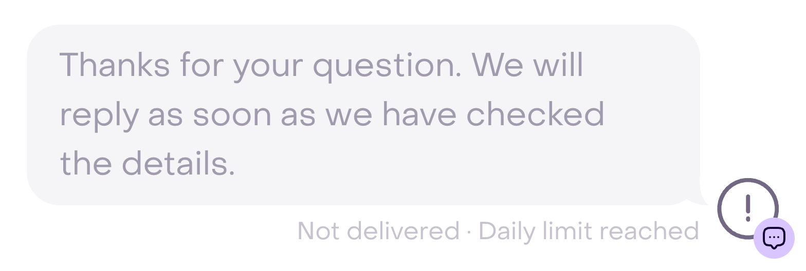 Fictional message in the Inbox showing Not delivered · Daily limit reached.