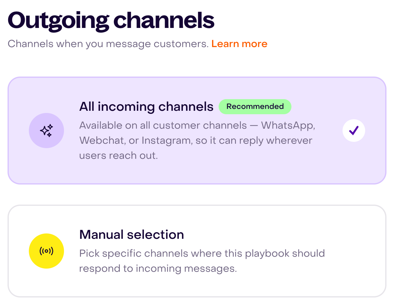 Outgoing channels with the automatic option selected and Manual selection available. Native incoming-channel wording is preserved.