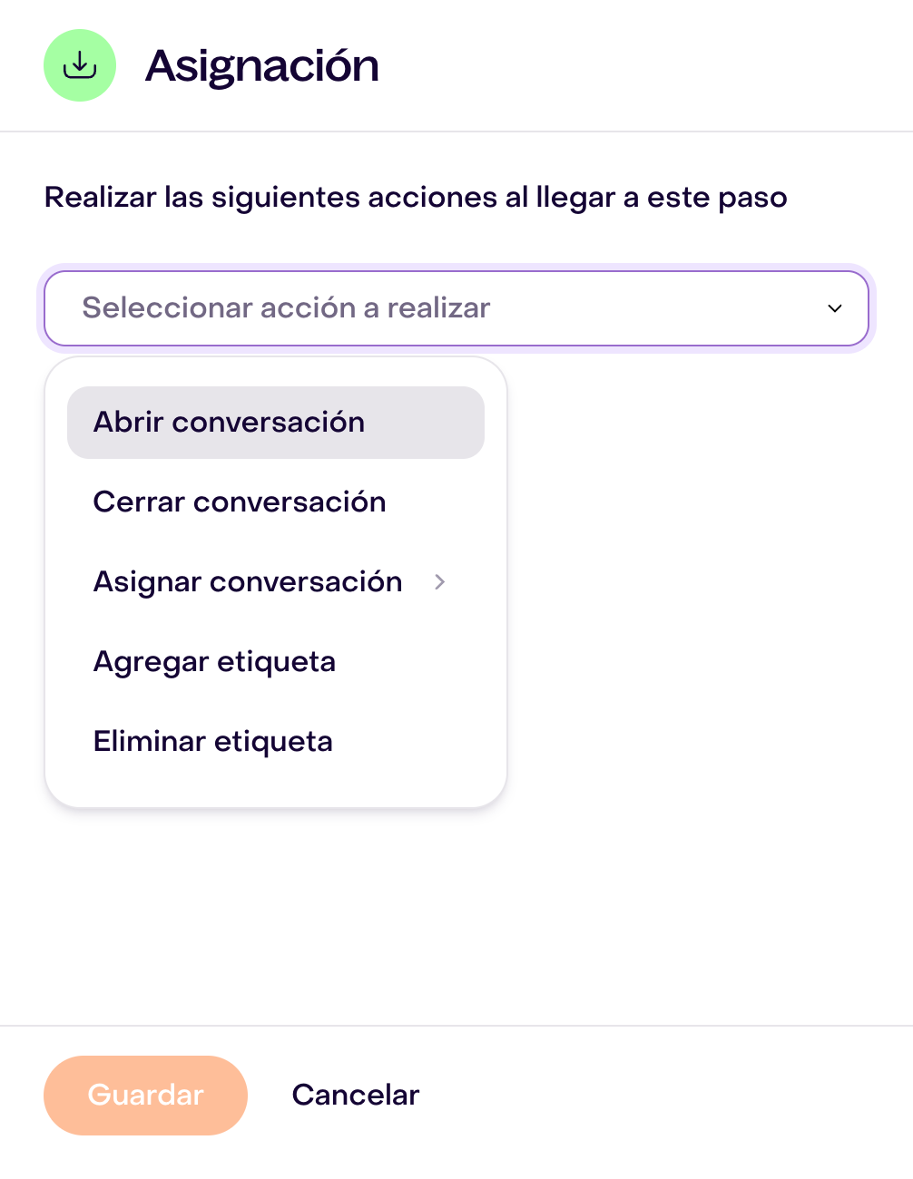 Cinco acciones de Asignación en un formulario de ruta nuevo sin guardar